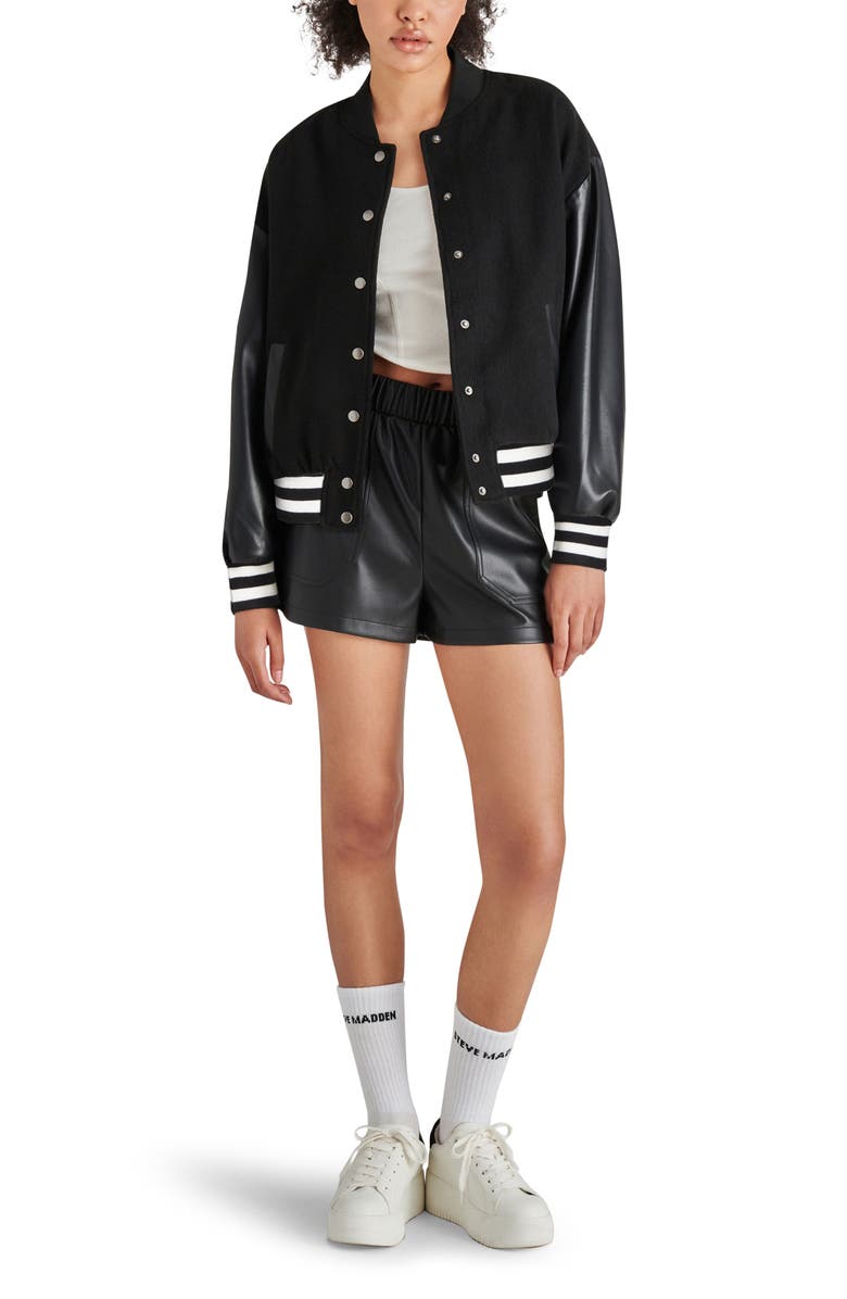 Steve Madden Alexandra Faux Leather Sleeve Varsity Jacket, Alternate, color, 