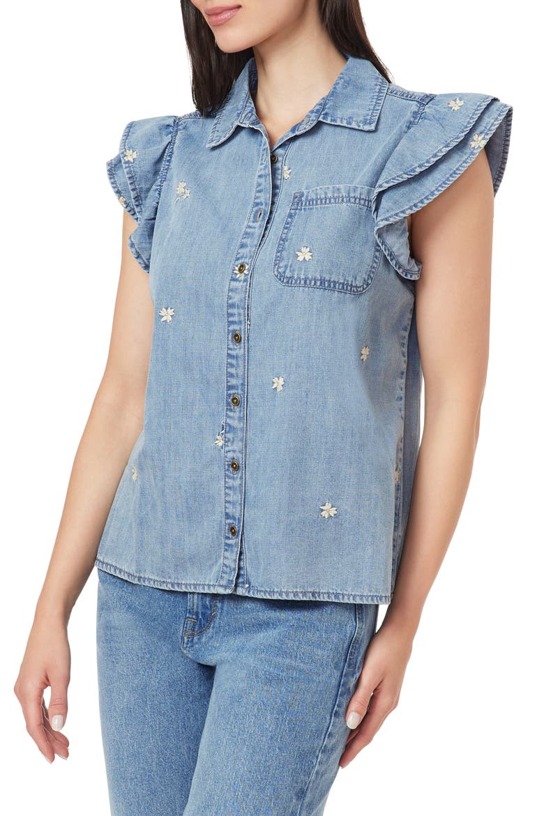 Denim Double Flutter Sleeve Button Front Top, Alternate, color, HANNAH