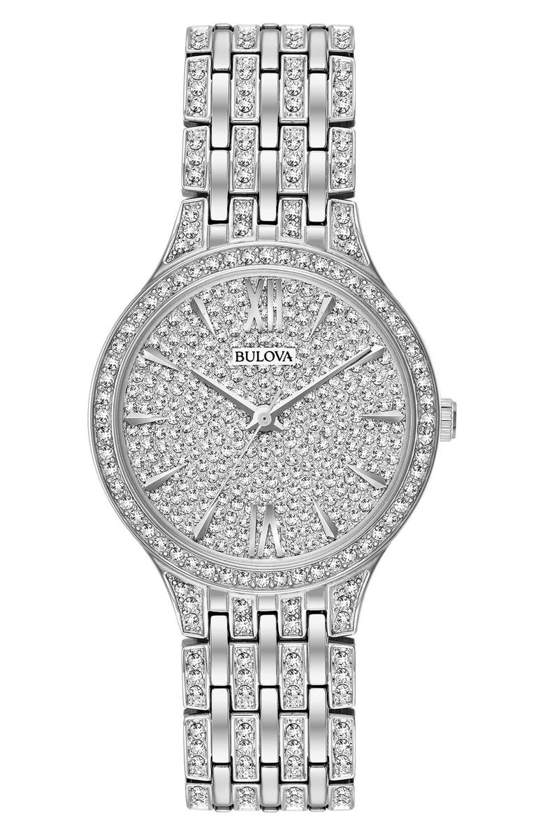 BULOVA Crystal Quartz Bracelet Watch, 32mm x 8mm, Main, color, Silver