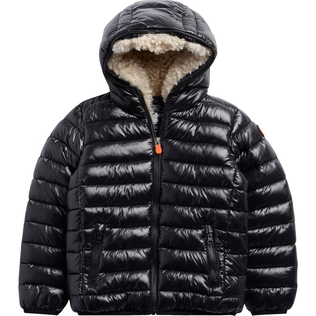 Save The Duck Kids' Gavin Faux Shearling Lined Hooded Puffer Jacket In Black