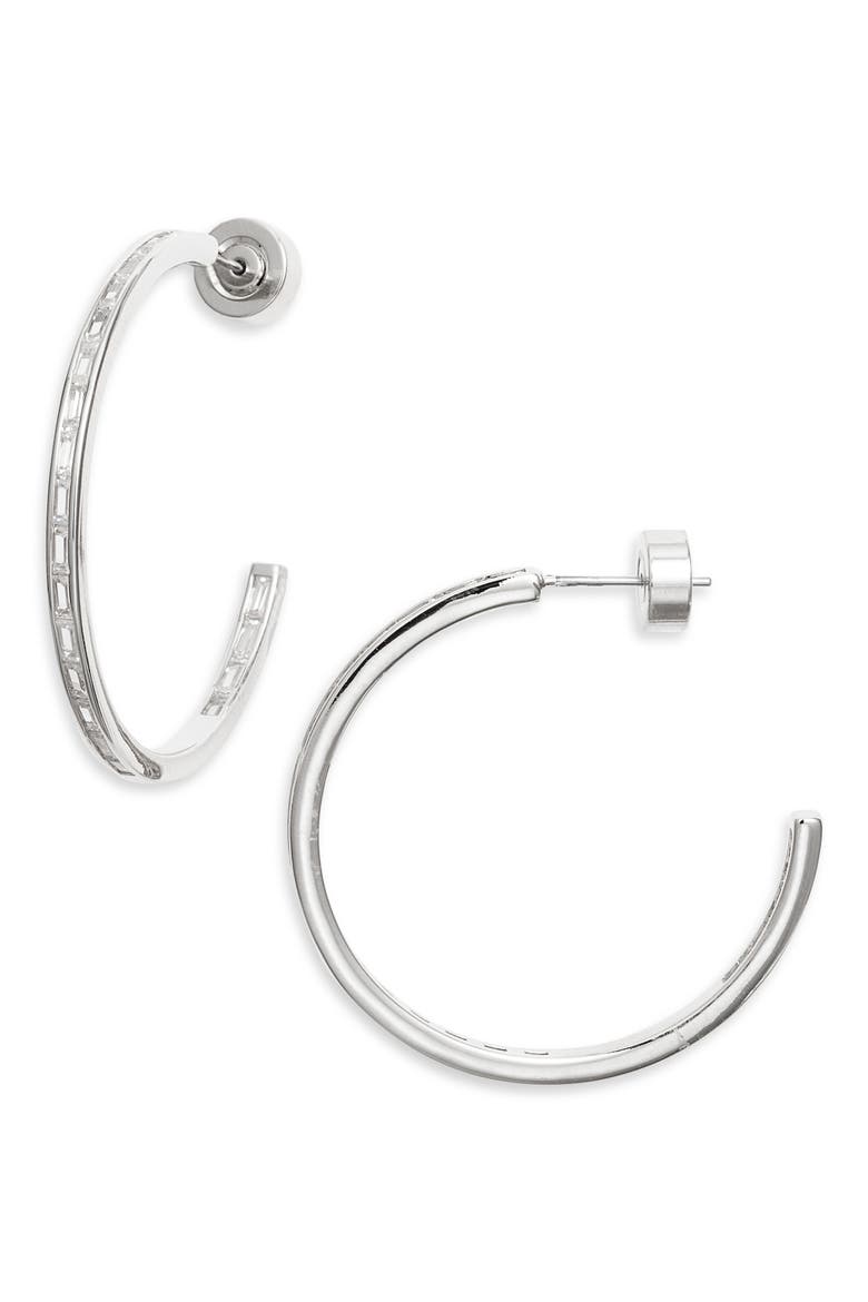 Baguette Cubic Zirconia Inside Out Hoop Earrings, Main, color, CLEAR- SILVER