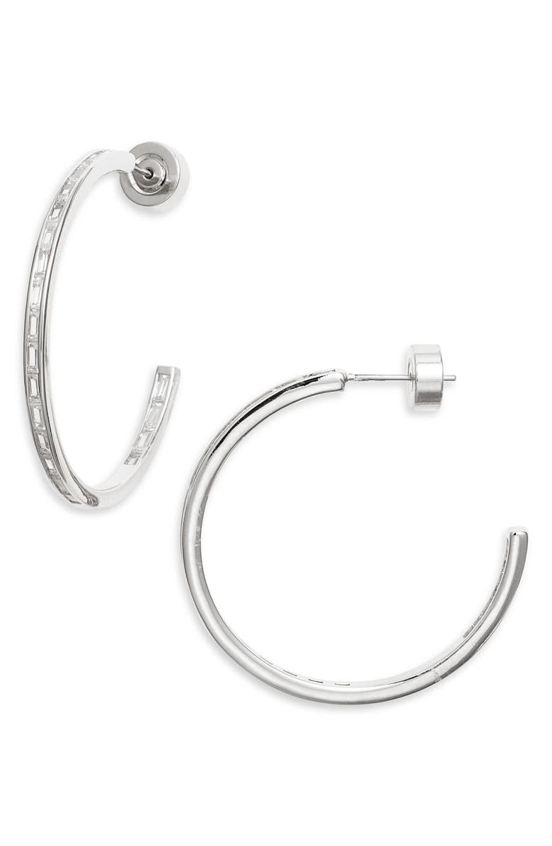 Nordstrom Baguette Cubic Zirconia Inside Out Hoop Earrings, Main, color, Clear- Silver