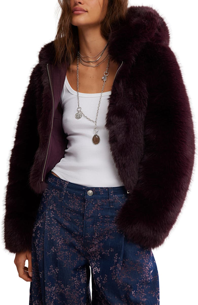 Free People Louder Please Hooded Faux Fur Jacket, Main, color, Grape