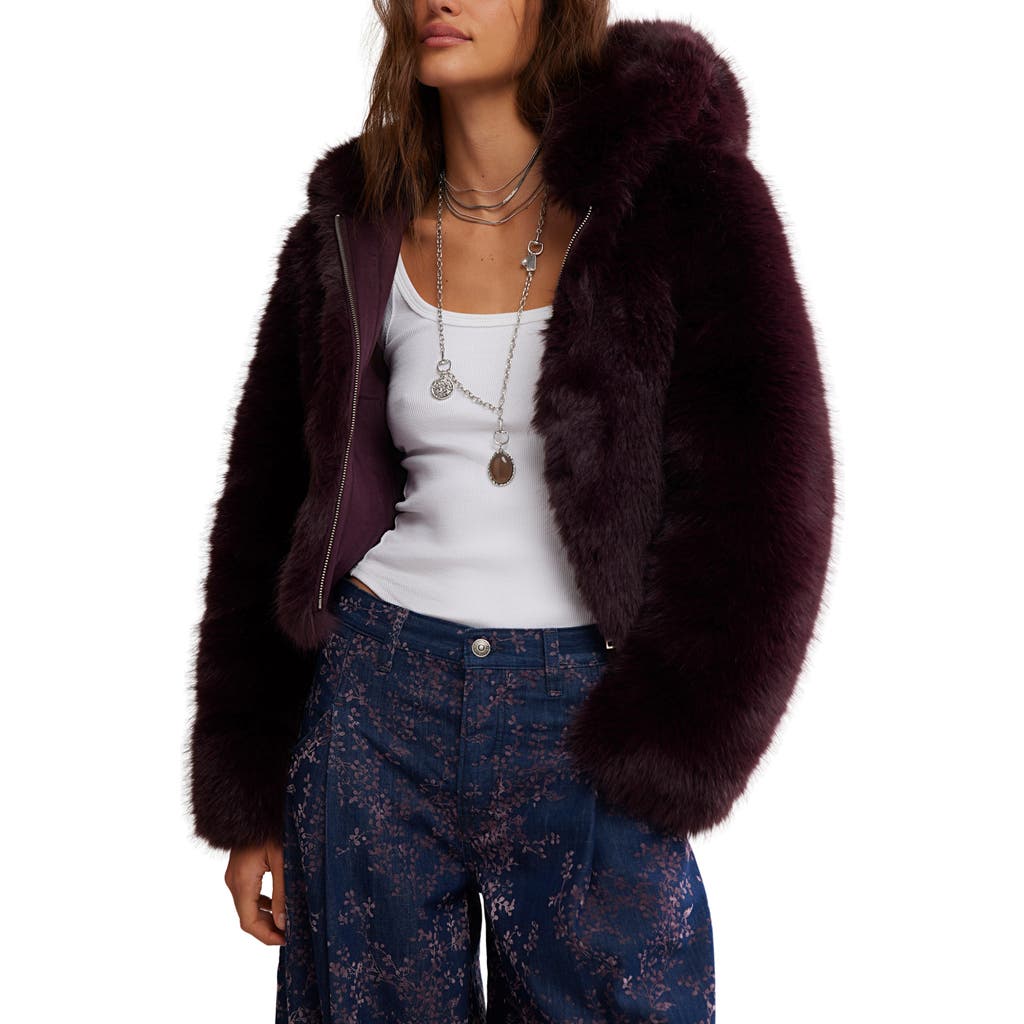 Free People Louder Please Hooded Faux Fur Jacket In Purple