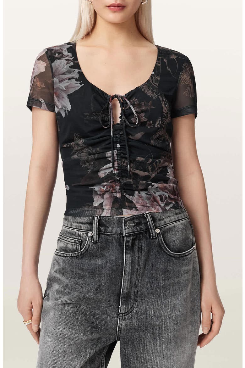 Gabby Floral Print Mesh Top, Main, color, CRYSTAL BLACK