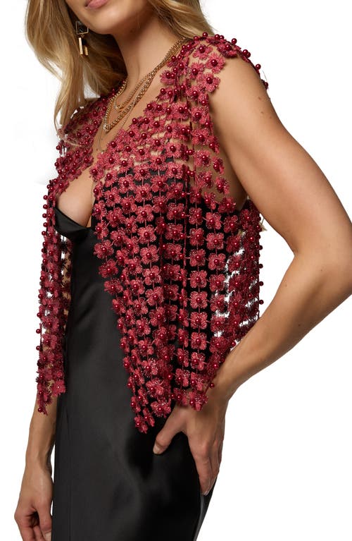 Saachi Pearly Beaded Floral Lace Top In Burgundy