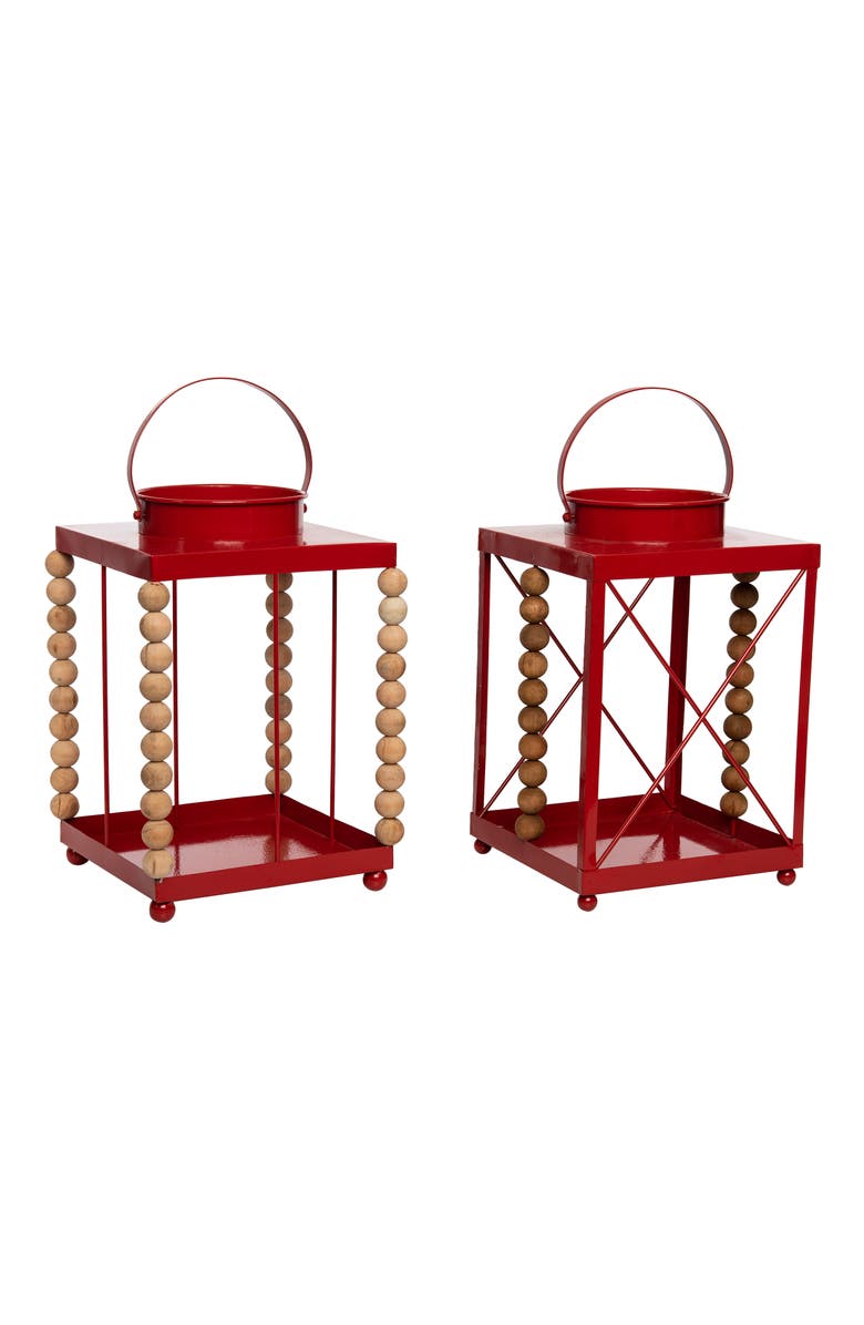 Transpac Metal Red Beaded Lantern Set of 2 Christmas Decor, Alternate, color,