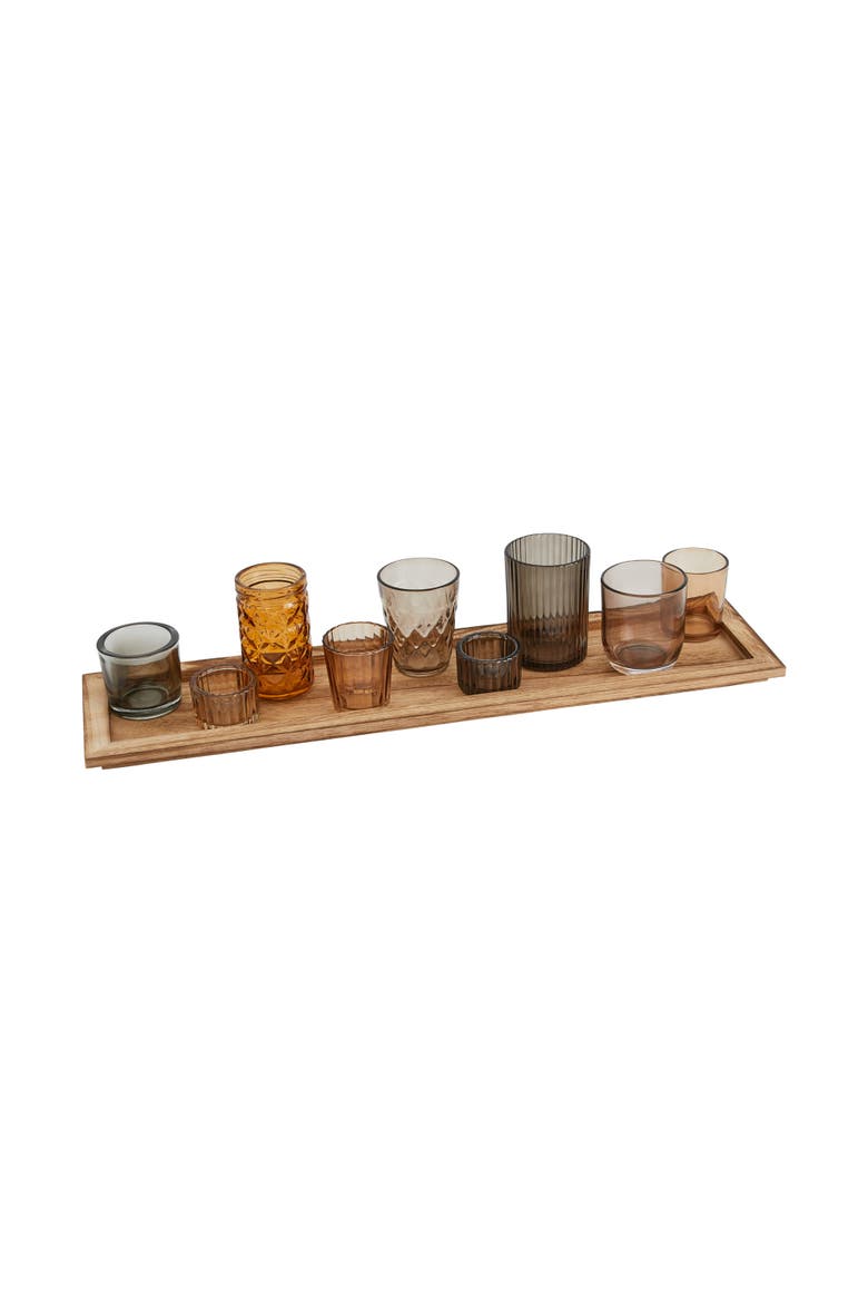 Round Glass Votive Holders on Wood Tray, Brown, Set of 10, Main, color, Brown