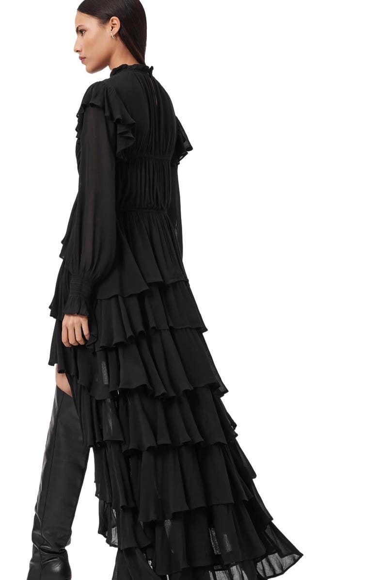AllSaints Leila Layered Ruffle Long Sleeve High-Low Maxi Dress, Alternate, color, Black