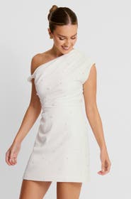 Six Stories Asymmetric Bardot Mini Dress
