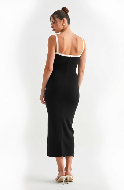 Modenaire Square Neck Contrast Trim Fitted Midi Dress In Black