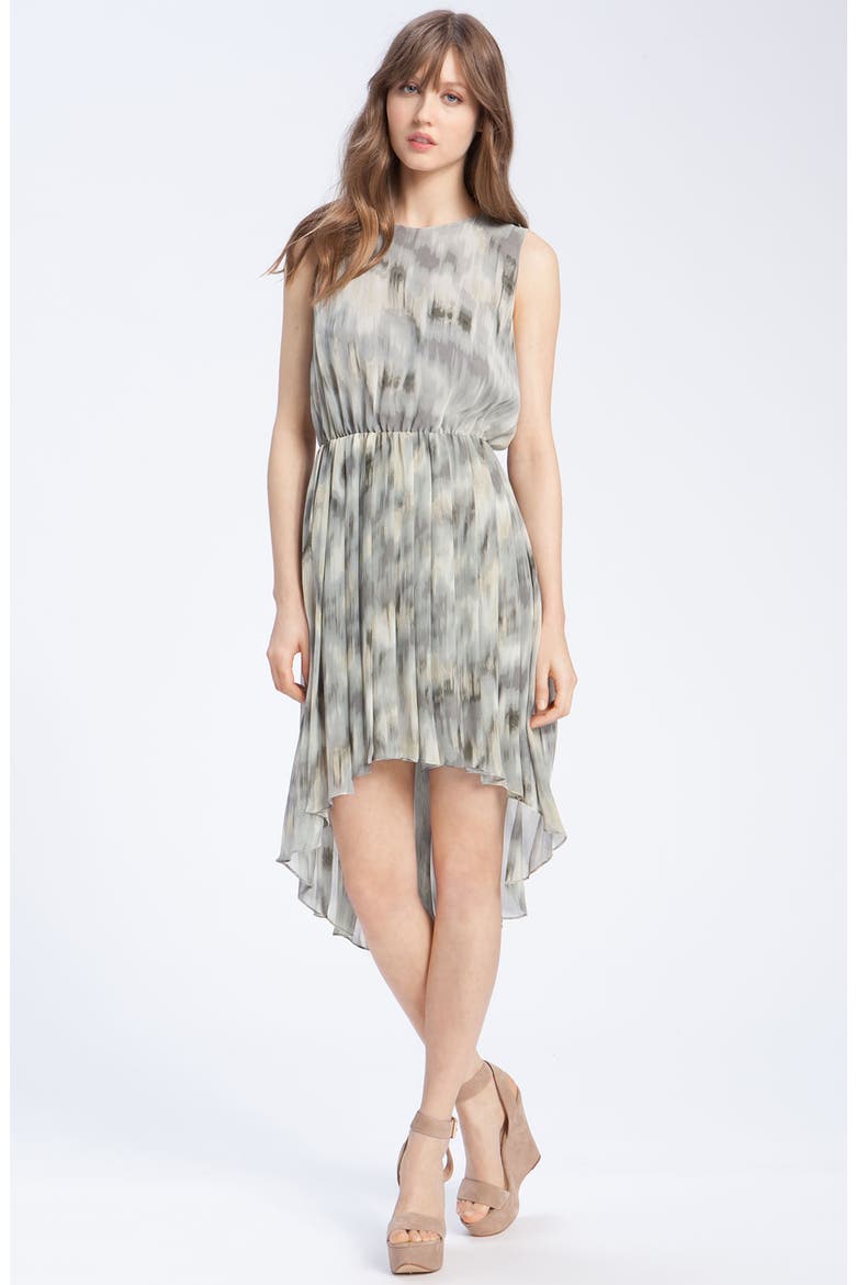 Pleated Ikat Print Dress, Main, color, PEBBLE COMBO