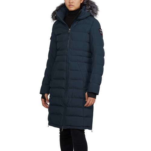 Pajar Venice Long Puffer with Removable Faux Fur Trim in Navy/silver 