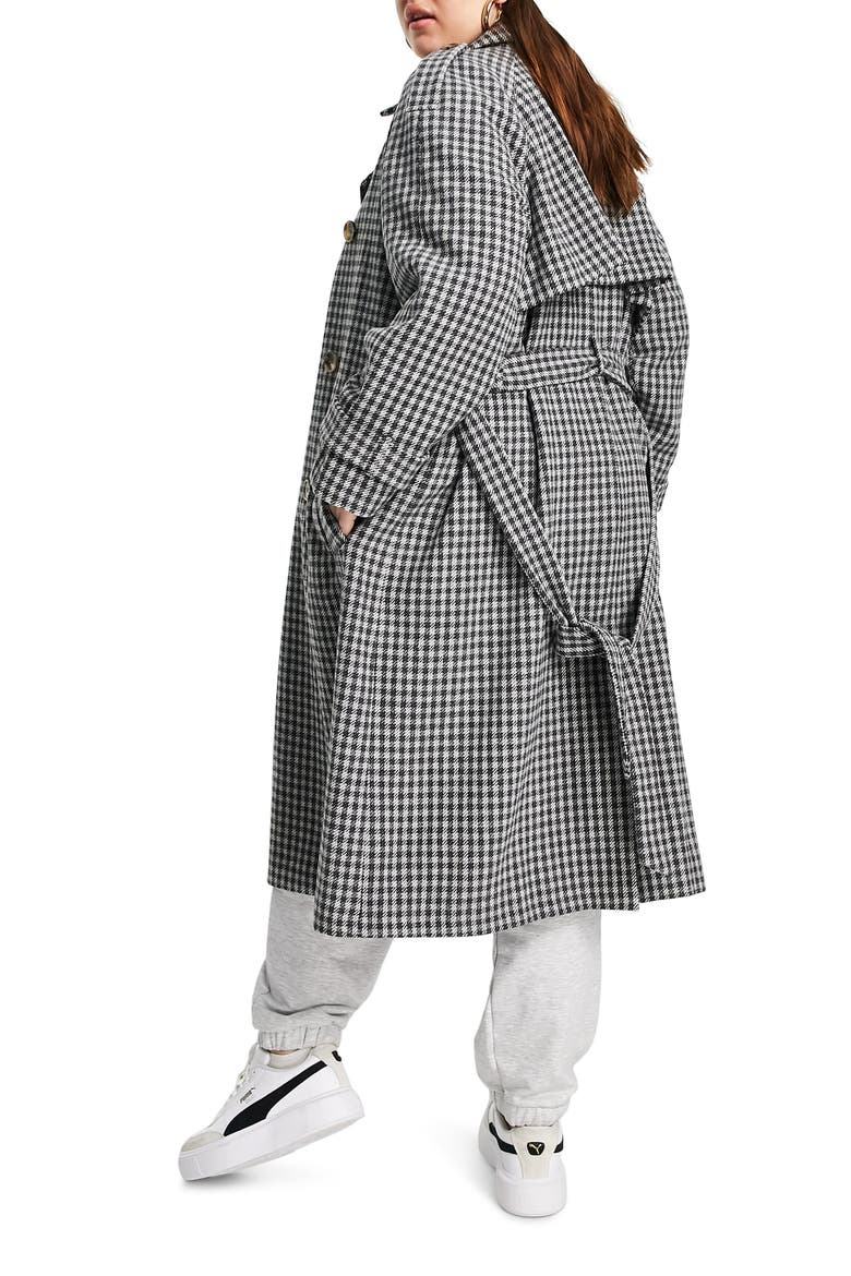 Curve Houndstooth Belted Trench Coat, Alternate, color, BLACK