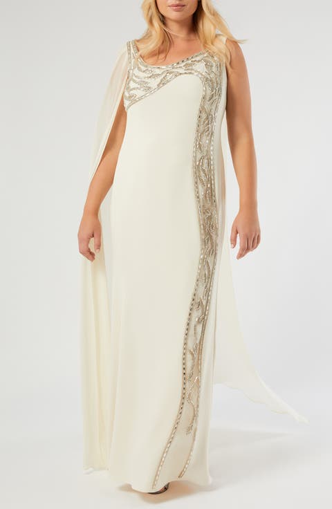 Calisso Bead Detail Caped Gown (Plus)