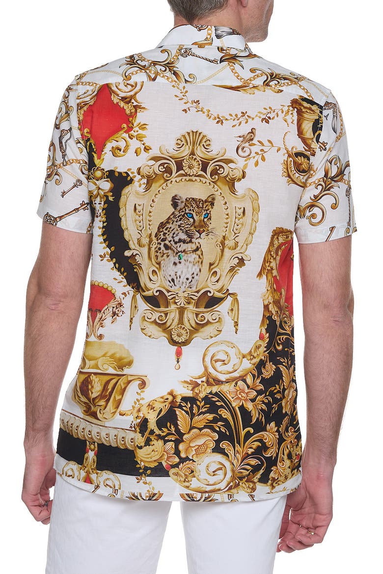 Artistic Cheetah Short Sleeve Cotton & Linen Blend Button-Up Shirt, Alternate, color, WHITE