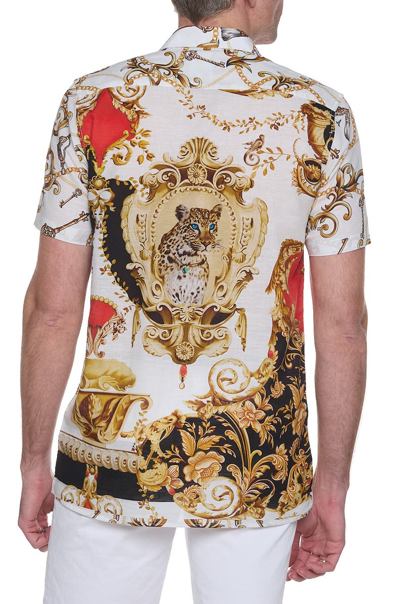 RANEES Artistic Cheetah Short Sleeve Cotton & Linen Blend Button-Up Shirt, Alternate, color, White