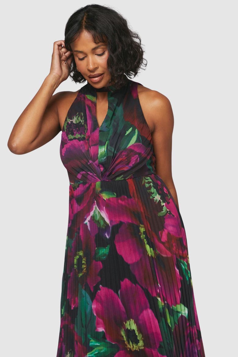 Floral Print Pleated Maxi Dress, Alternate, color, Black