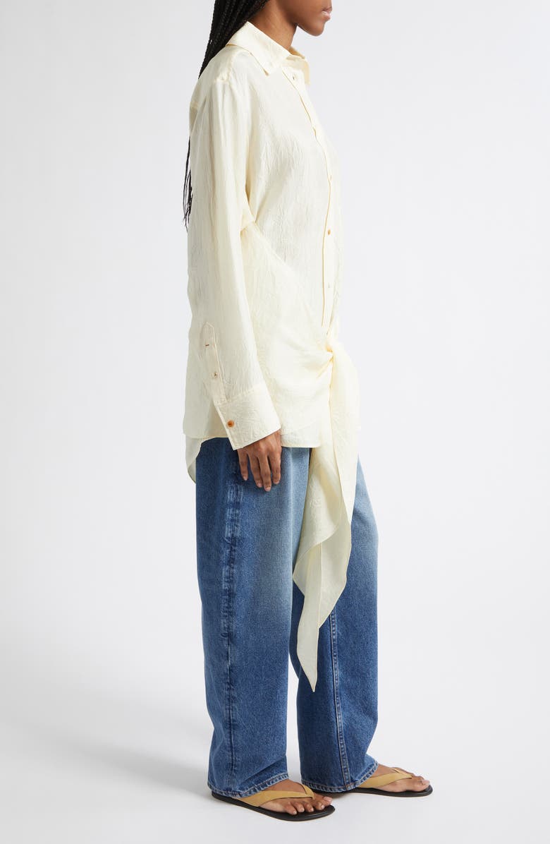 OSSOU Arroyo Tie Front Crinkle Satin Button-Up Shirt, Alternate, color, Ecru
