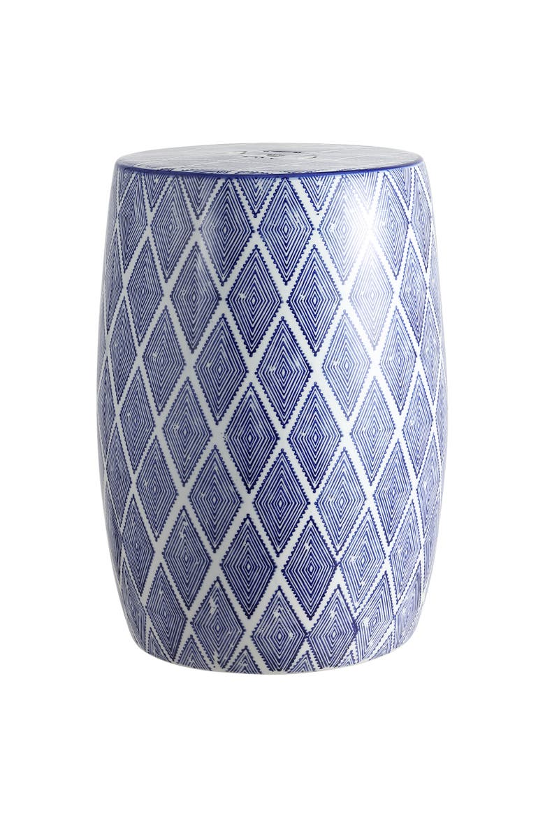 Moroccan Diamonds Bohemian Diamond Geometric Ceramic Indoor/Outdoor Garden Stool Decorative Patio Drum Accent Side Table, Main, color, Blue/White