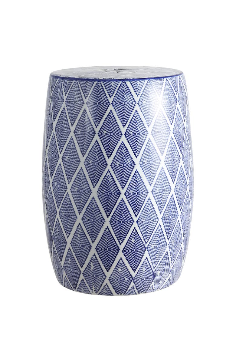 JONATHAN Y Moroccan Diamonds 18" Ceramic Drum Garden Stool, Main, color, Blue/White