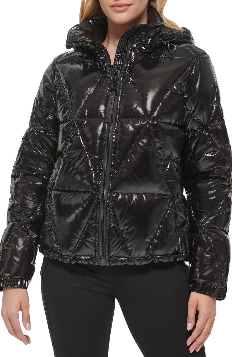 KARL LAGERFELD PARIS Water Resistant Down & Feather Fill Short Hooded Puffer Coat, Main, color,