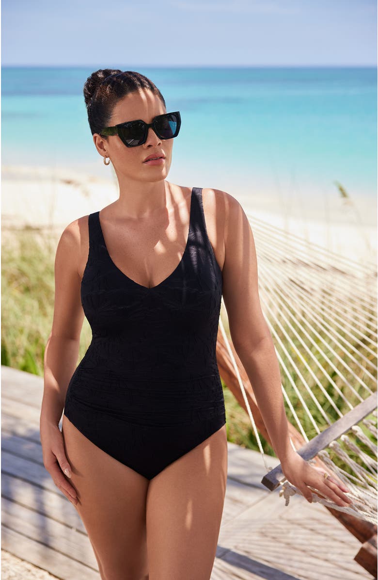 ShapeSolver Twist Back One-Piece Swimsuit, Alternate, color, Black Pressed Flowers