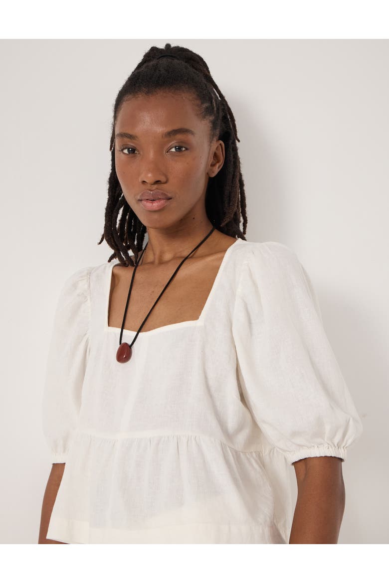 Alva Puff Sleeve Linen Beach Top, Alternate, color, Pearl White