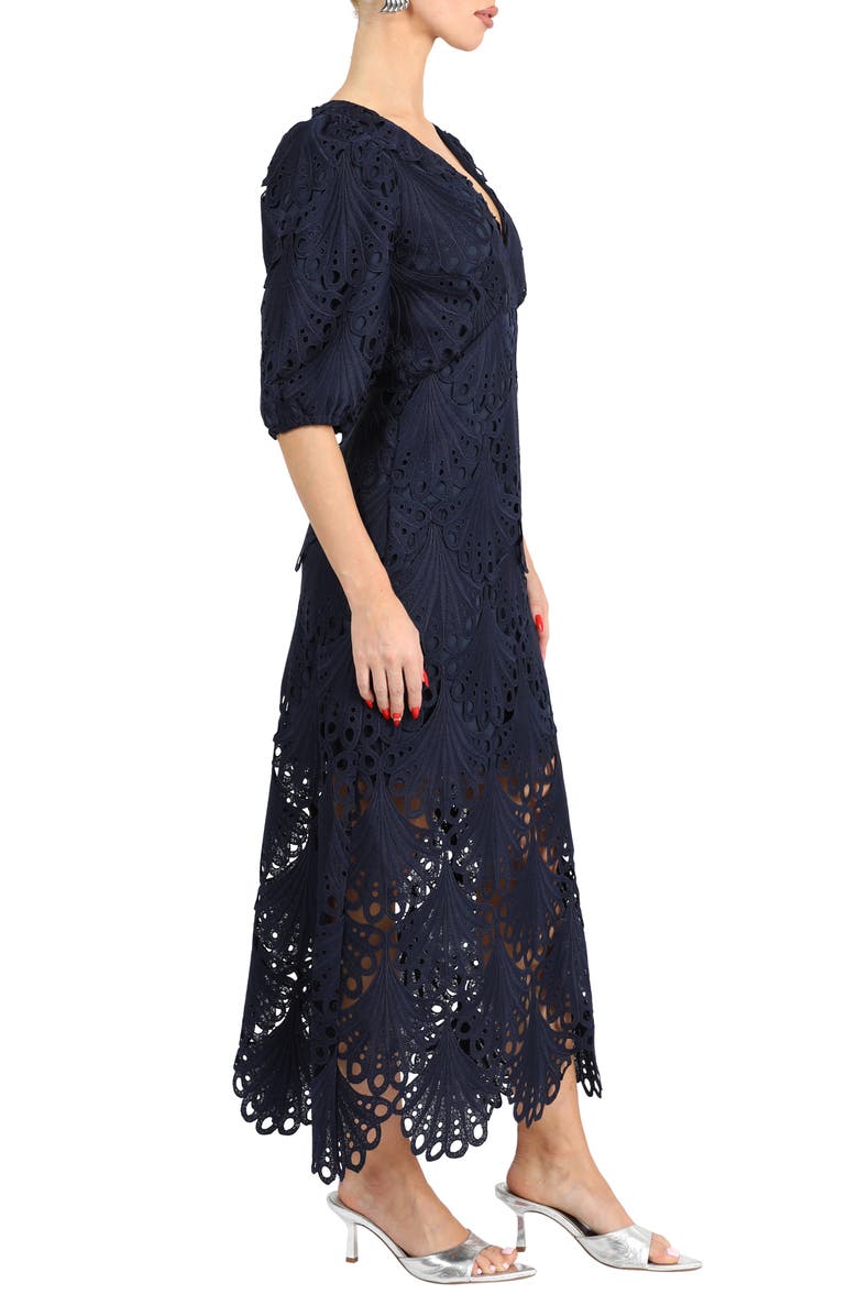 Adelyn Rae Kinsley Puff Sleeve Lace Midi Dress, Alternate, color, Navy