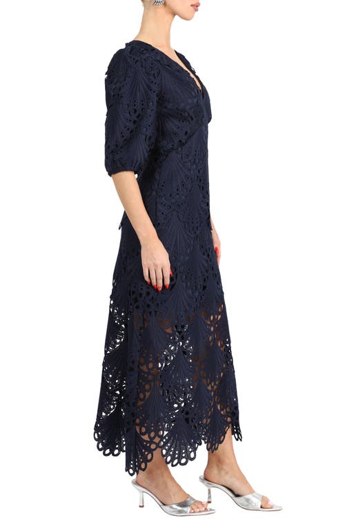 Adelyn Rae Kinsley Puff Sleeve Lace Midi Dress In Blue