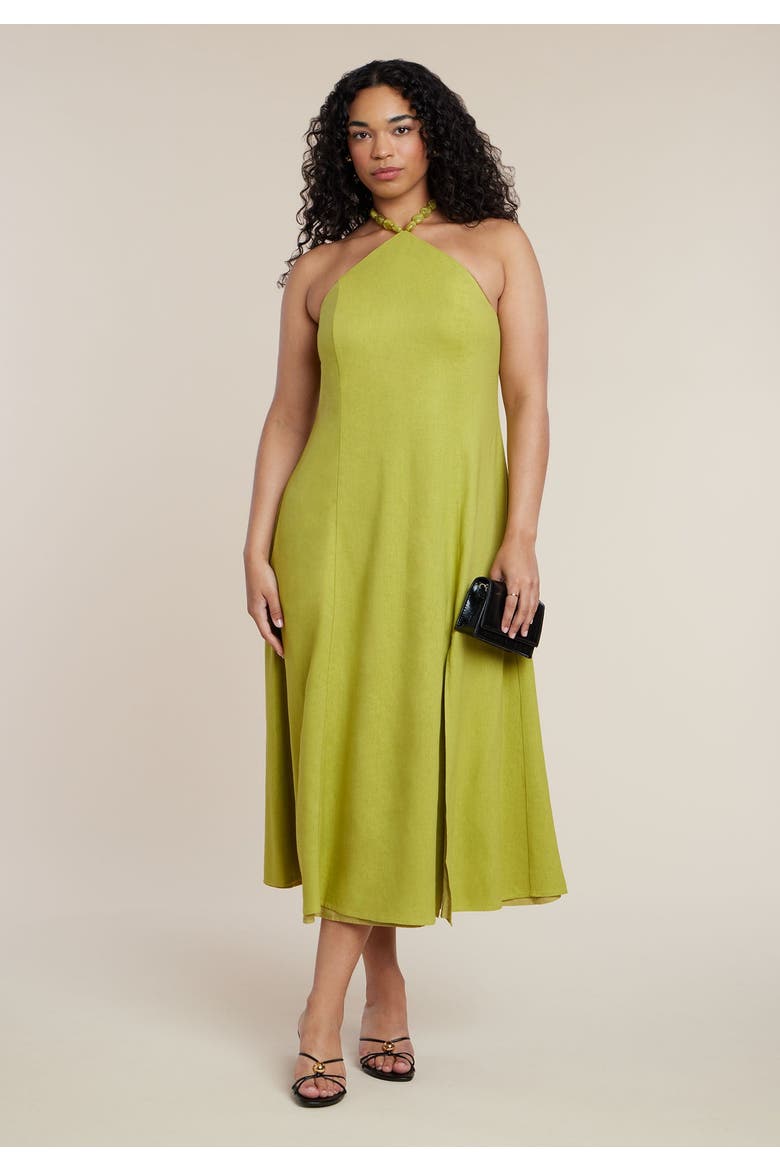 Bead Detail Linen Halter Midi Dress, Alternate, color, LENTIL SPROUT