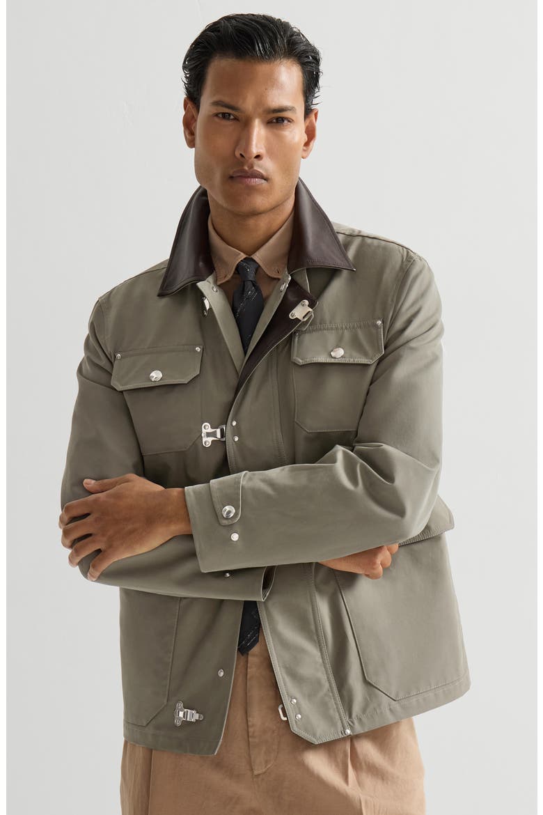 Water-resistant techno cotton gabardine outerwear jacket with leather inserts and hook fastening, Alternate, color, Military