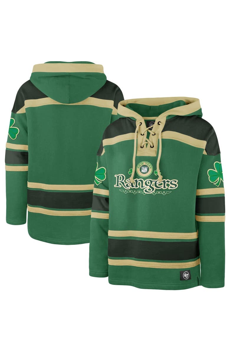 '47 Men's '47 Kelly Green New York Rangers St. Patrick's Day McLucky Superior Lacer Pullover Hoodie, Main, color,