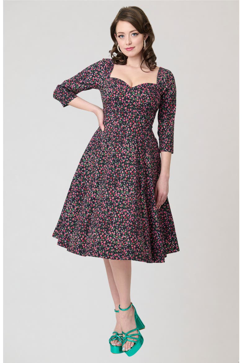 Pleated Bust Swing Dress, Main, color, Blue Green w/ Dragonfly Brooch