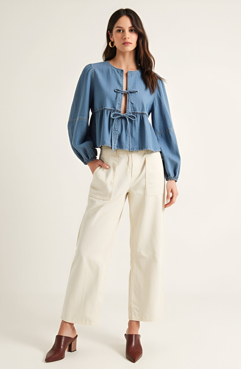 Long Puff-Sleeve Tie-Front Peplum Denim Blouse