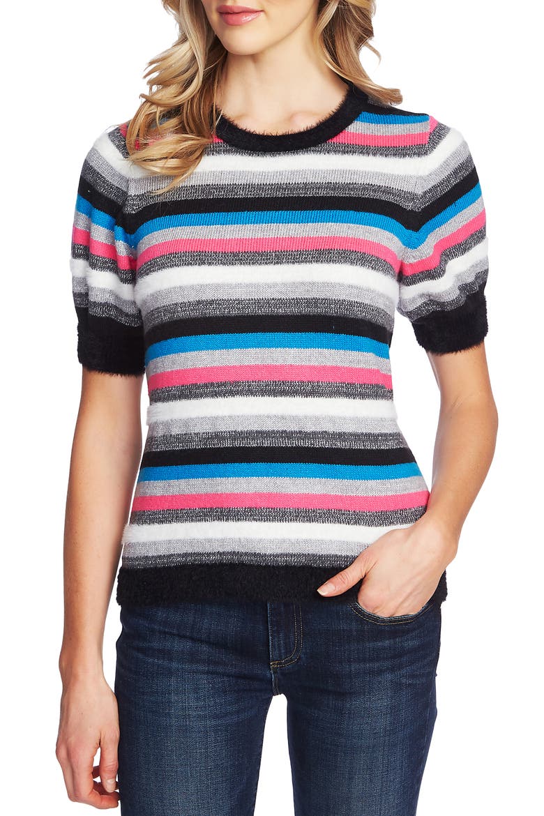 Metallic Stripe Short Sleeve Sweater, Main, color, RICH BLACK