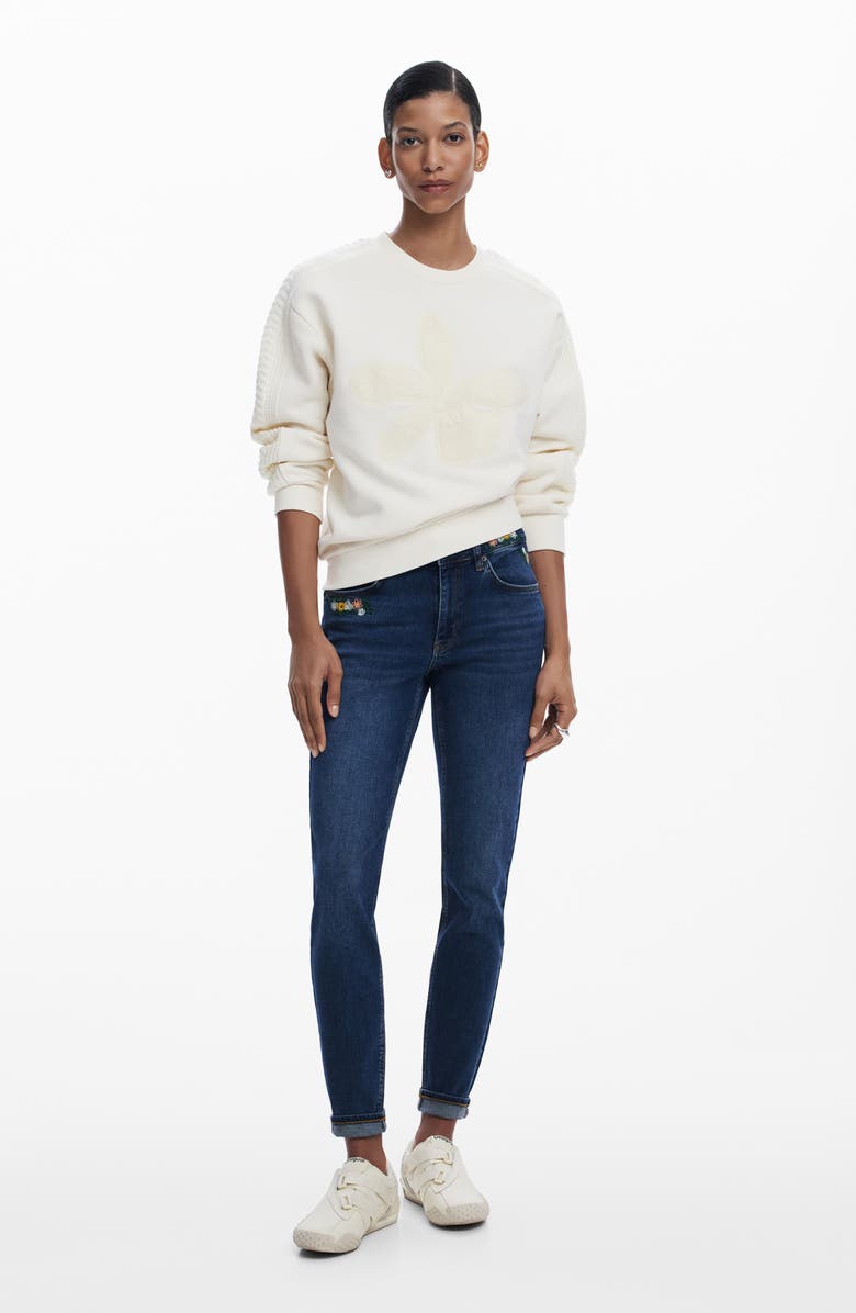 Desigual Floral Embroidered Slim Leg Jeans, Alternate, color, Dark Blue