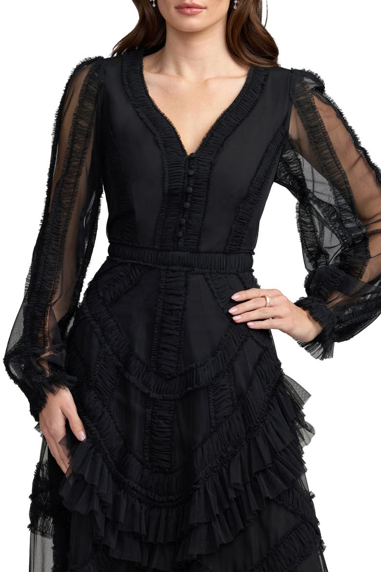 Long Sleeve V Neck Mesh Micro Ruffle Midi Dress, Alternate, color, Black