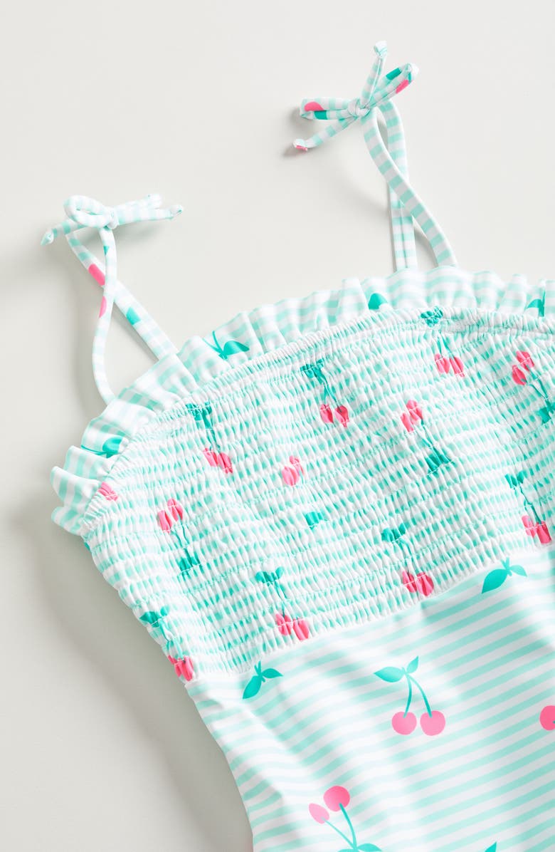 Tucker + Tate Kids' Smocked One-Piece Swimsuit, Alternate, color, Green Jade Cherry Stripe