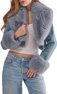 AZALEA WANG Gisele Denim Trucker Jacket with Faux Fur Cuffs & Removable Faux Fur Collar