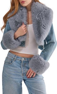 AZALEA WANG Gisele Denim Trucker Jacket with Faux Fur Cuffs & Removable Faux Fur Collar