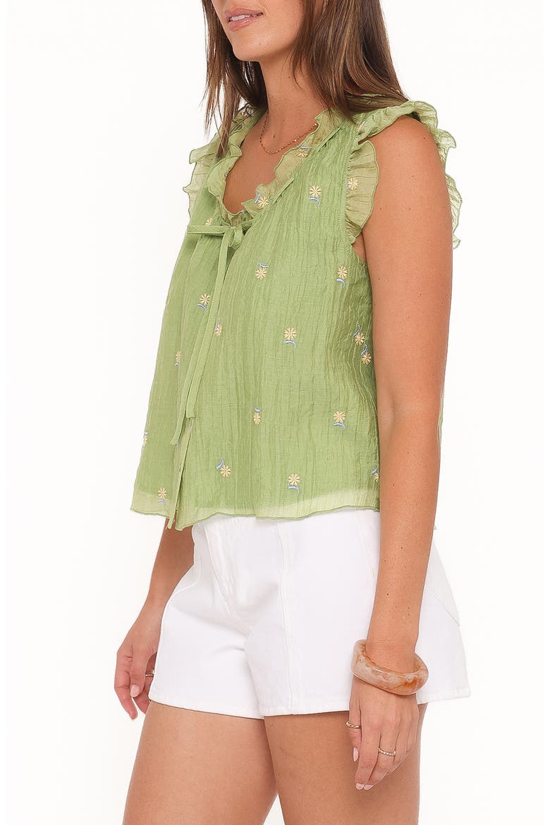 Lumi Embroidery Detail Ruffle Neck Button-Up Top, Alternate, color, GREEN