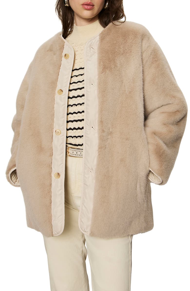 Sanctuary Reversible Collarless Faux Fur Jacket, Main, color, Almond White