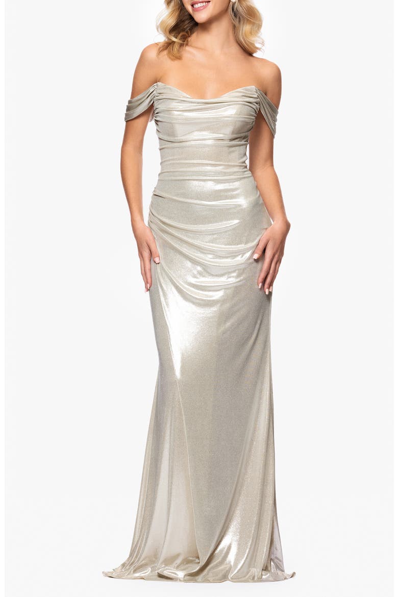 Glitter Knit Off the Shoulder Gown, Main, color, CHAMPAGNE