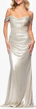 Betsy & Adam Glitter Knit Off the Shoulder Gown