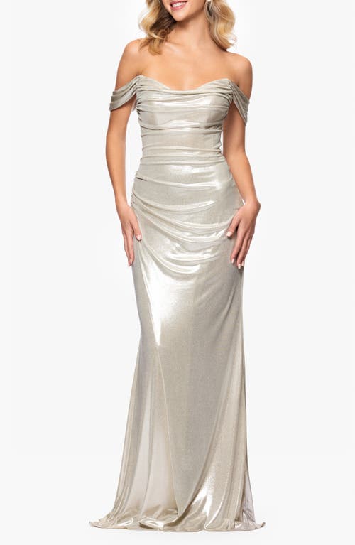 Betsy & Adam Women's Glitter Knit Off-the-shoulder Gown In Champagne