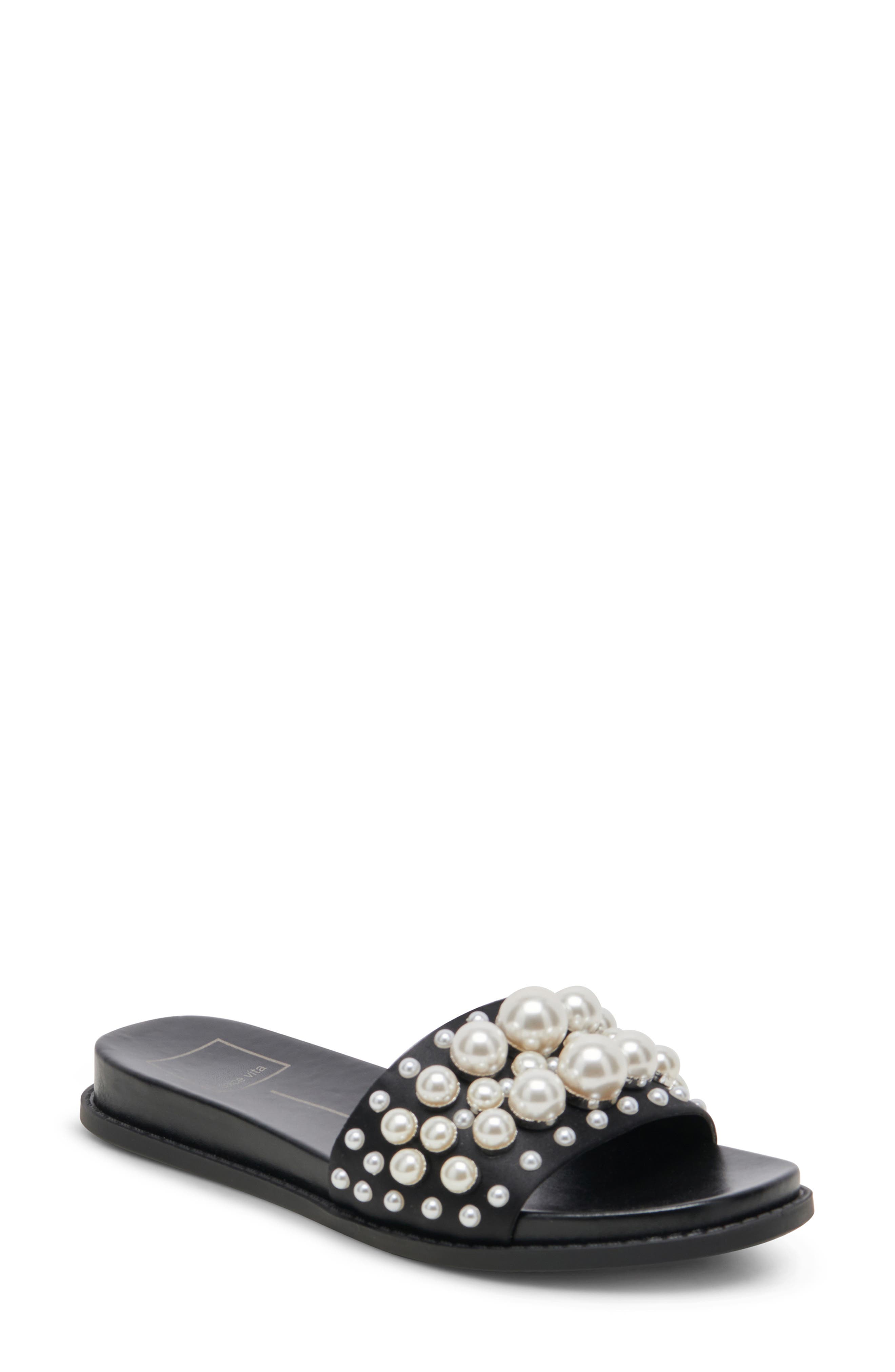 Gabbi Imitation Pearl Slide Sandal, Main, color, BLACK PEARLS
