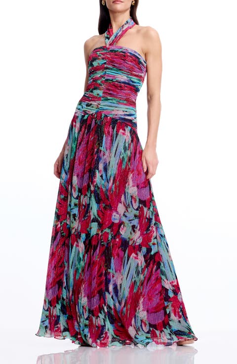 Lillian Floral Metallic Halter Gown