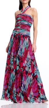 Dress the Population Lillian Floral Metallic Halter Gown