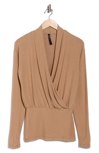 Renee C Surplice V-neck Long Sleeve Brushed Knit Top In Brown